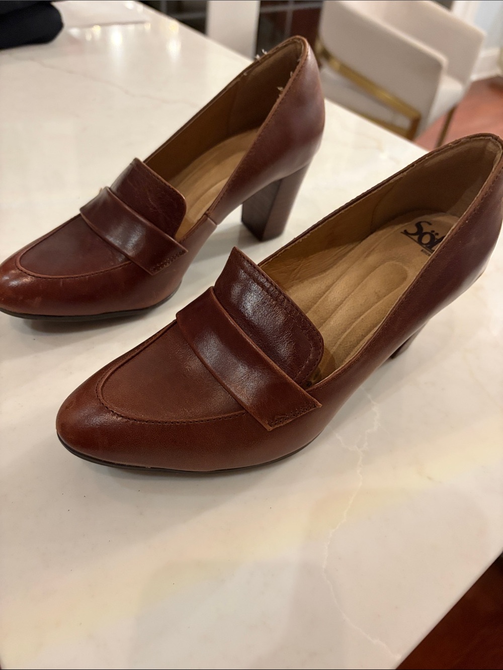 Sofft Cognac Brown Leather Block Heel Loafer Pumps